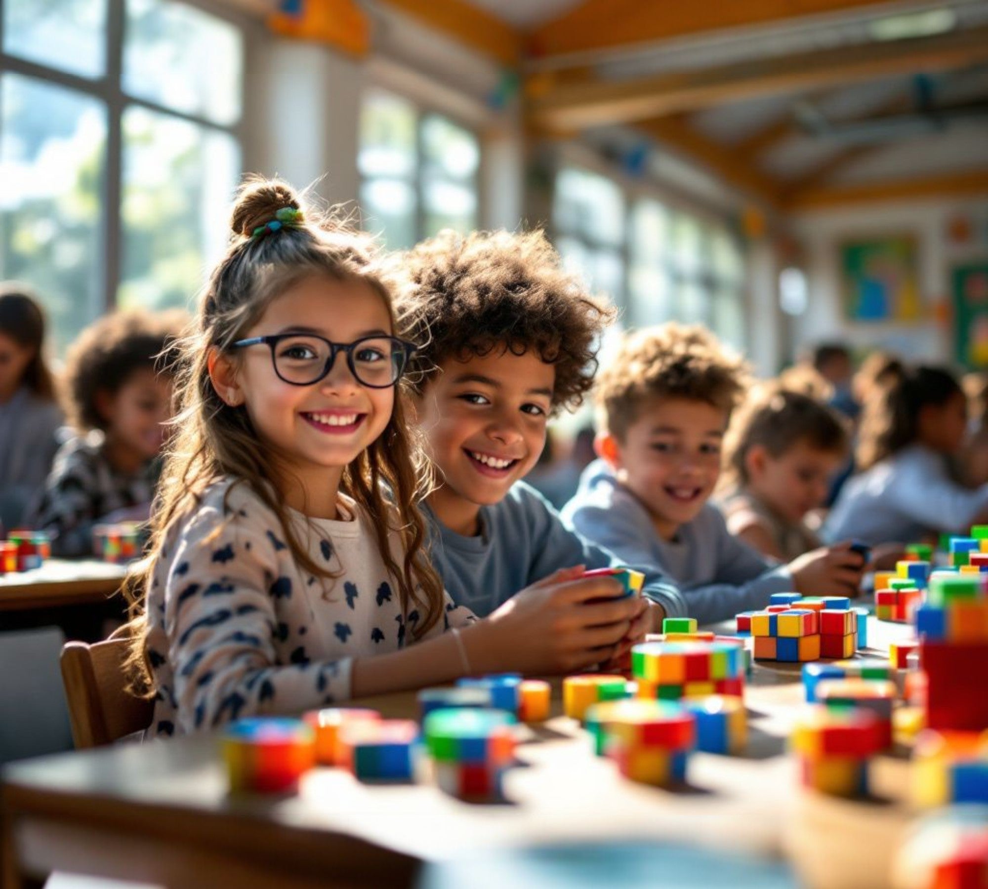 niños felices con cubo rubik
