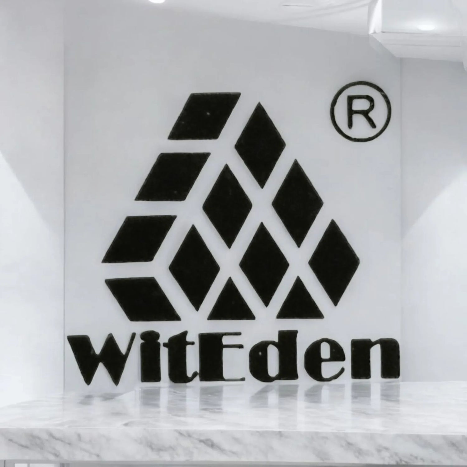Logo WitEden en pared blanca, letras negras y diseño geométrico, marca de cubos de Rubik
