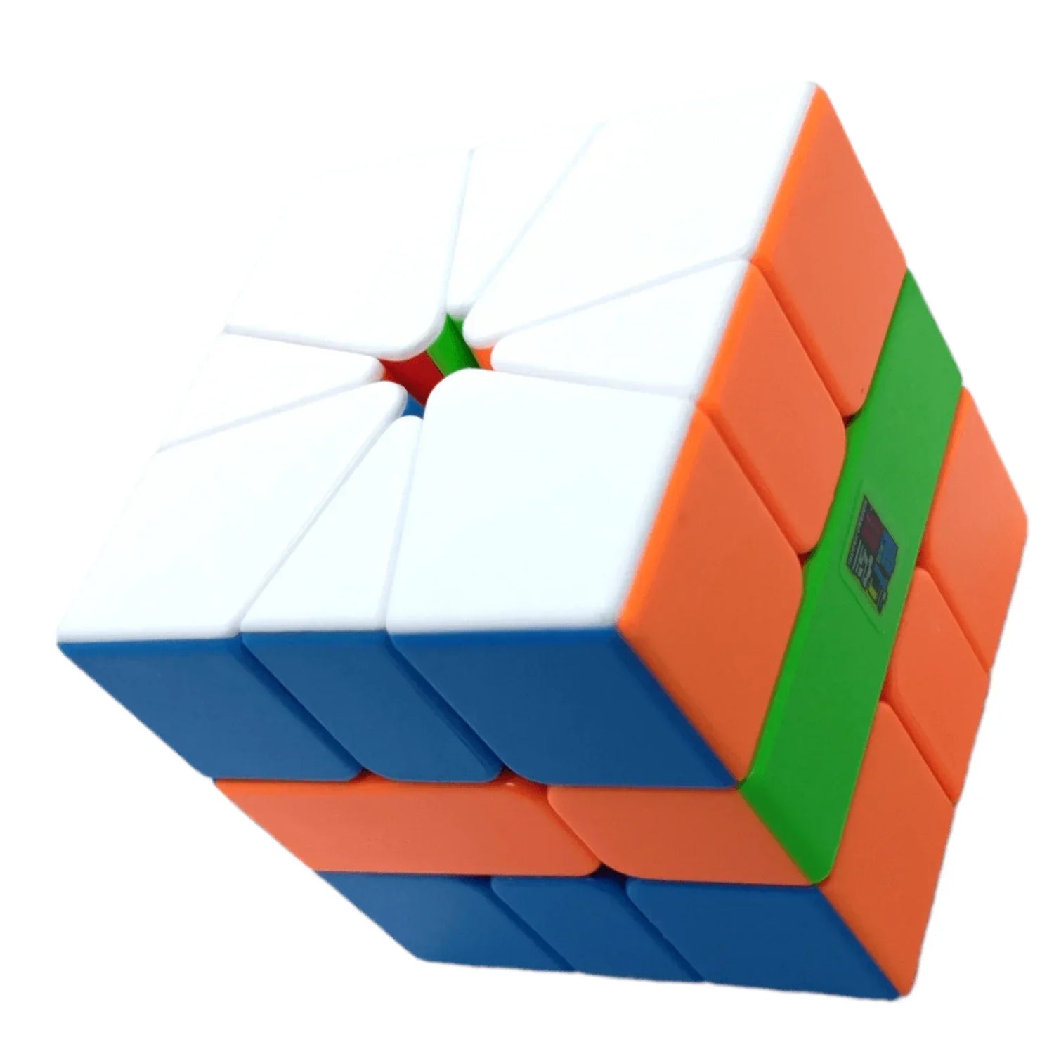 Cubo Moyu Sq1 colorido con piezas blancas, naranjas, verdes y azules sobre fondo blanco