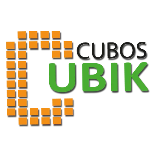 Logo de Cubos Cubik con bloques naranjas y texto verde y negro sobre fondo transparente